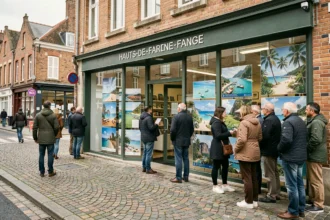 Façade d'une agence de voyages dans les Hauts-de-France avec des passants regardant les offres en vitrine
