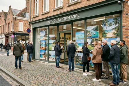 Façade d'une agence de voyages dans les Hauts-de-France avec des passants regardant les offres en vitrine