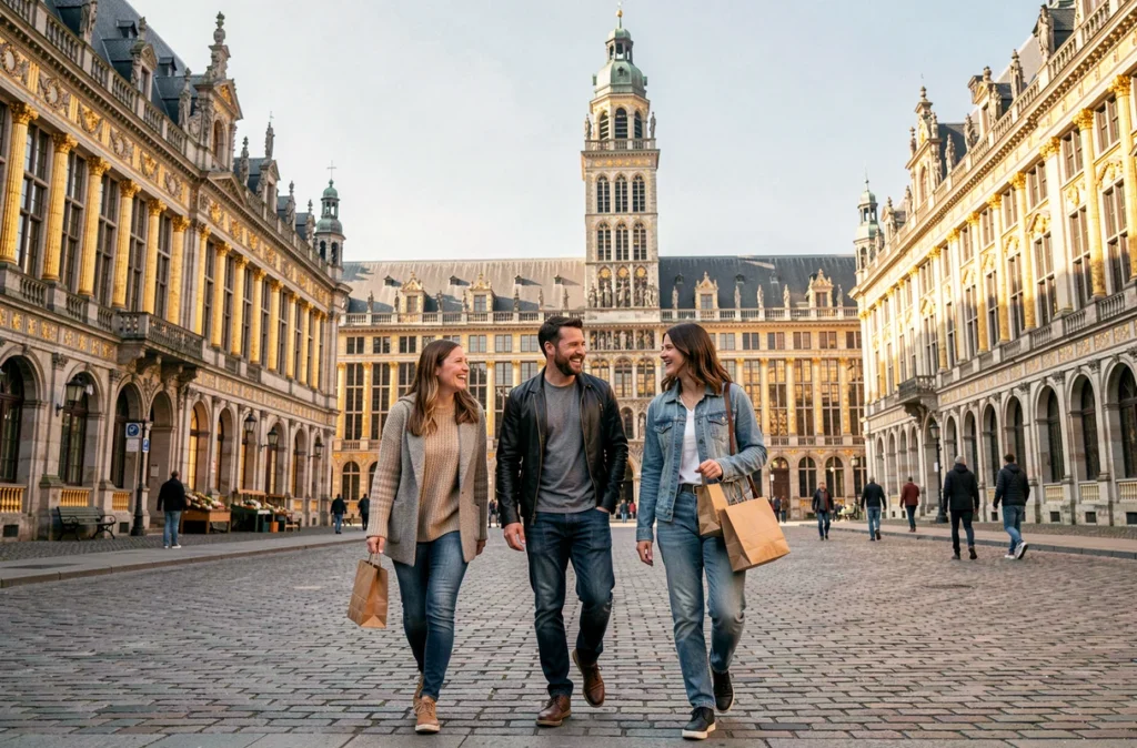 Groupe d'amis riant et se promenant sur la Grand-Place de Bruxelles entourés des façades dorées des guildes historiques