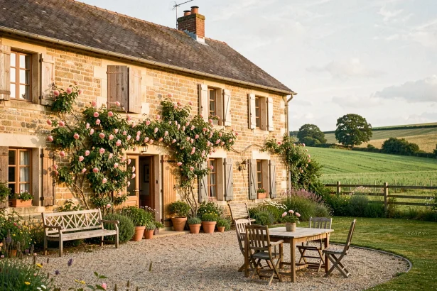 Façade d'une chambre d'hôtes typique des Pays de la Loire, maison en pierre avec volets en bois et jardin fleuri dans un cadre rural verdoyant