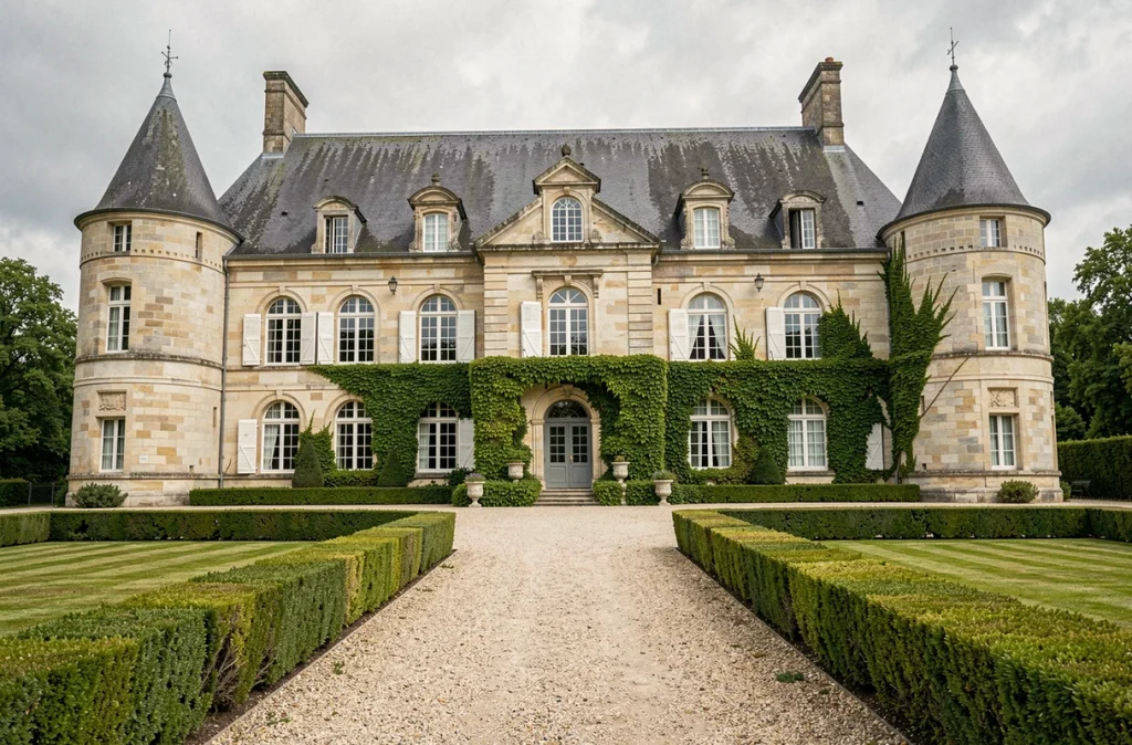 Façade en pierre du Château de Buchy à Buchy avec tourelles, jardins formels et architecture historique lorraine