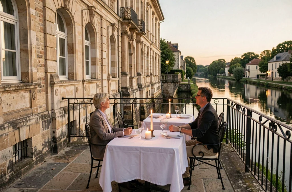 Terrasse romantique en bord de rivière de l'hôtel La Côte Saint-Jacques et Spa à Joigny, avec vue sur l'Yonne