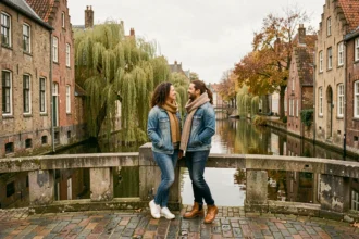 Couple de touristes sur un pont en pierre à Bruges, contemplant les canaux médiévaux entourés de feuillages d'automne