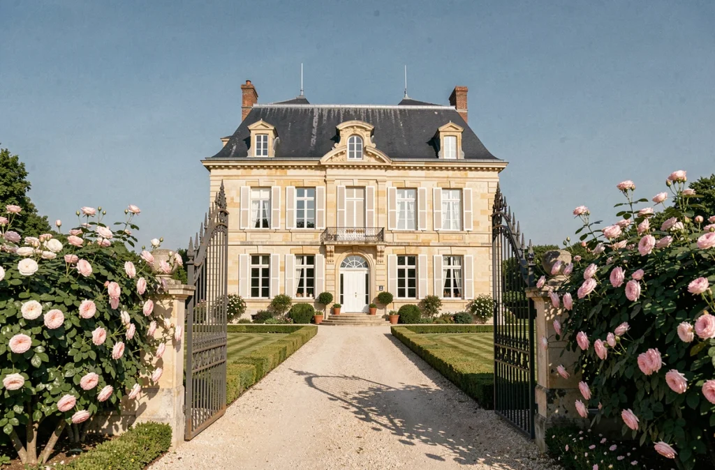 Demeure de Beaulieu au Coudray-Macouard, belle demeure bourgeoise en tuffeau blanc avec rosiers en fleurs et grille en fer forgé