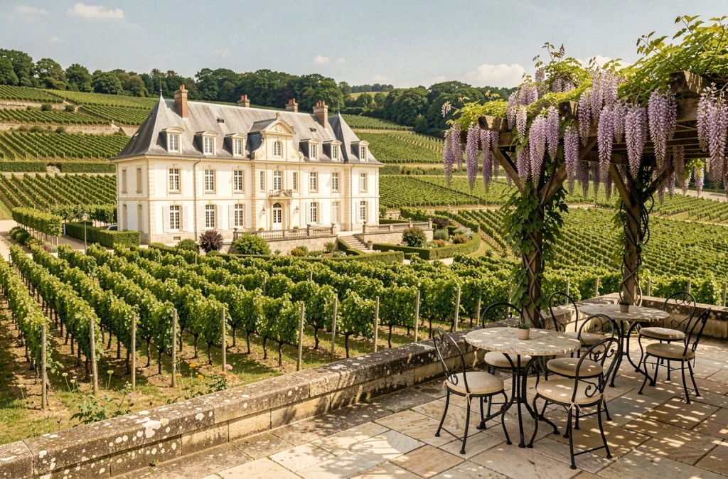 Demeure de l'Aubance à Saint-Melaine-sur-Aubance, manoir en tuffeau blanc entouré de vignes en terrasses dans le vignoble angevin