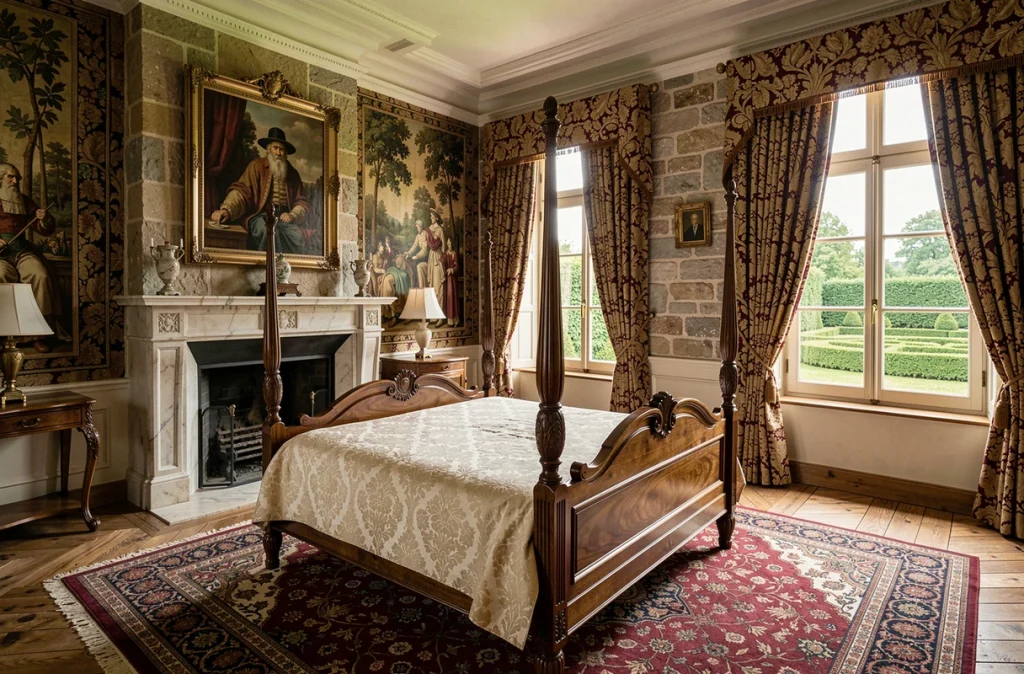 Chambre de caractère du Domaine de la Klauss à Montenach avec lit à baldaquin en chêne, cheminée en marbre et décoration de manoir historique