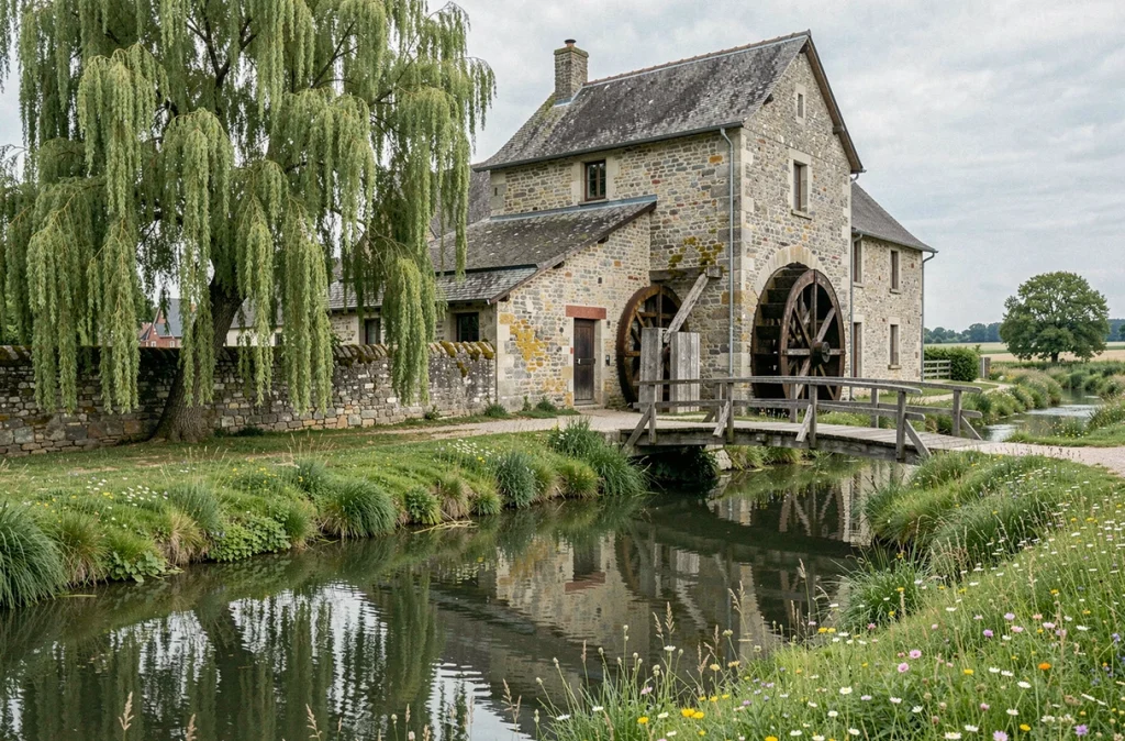 Moulin historique en pierre du Domaine du Moulin à Saint-Avold avec roue à eau, ruisseau et paysage rural lorrain