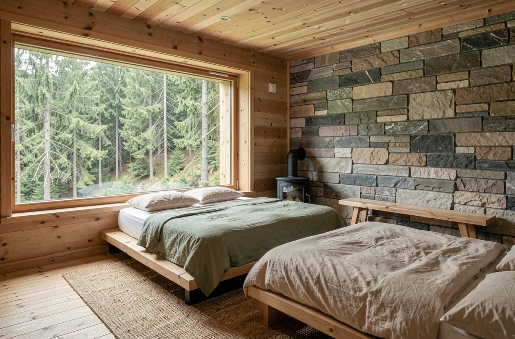Chambre en bois de pin du Gîte Sapin Zen à Goetzenbruck avec grande fenêtre sur la forêt vosgienne et ambiance zen naturelle