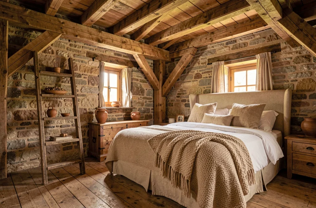 Chambre rustique du Grenier d'Abondance à Niderviller avec poutres apparentes, parquet en bois recyclé et décoration de grange rénovée