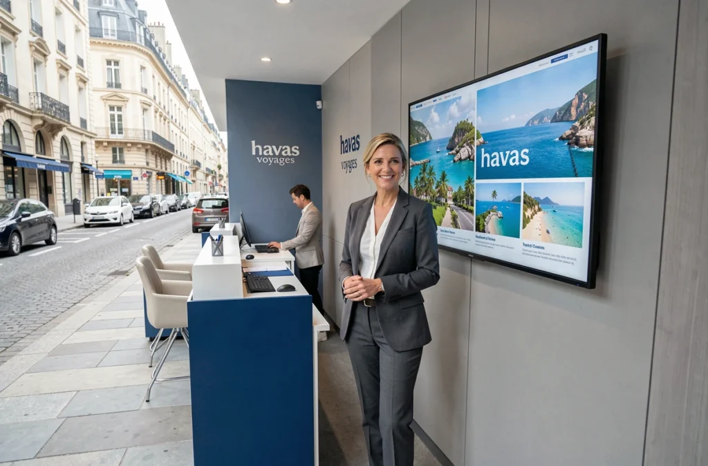 Agence Havas Voyages en centre-ville avec une conseillère devant un mur d'affichage de destinations