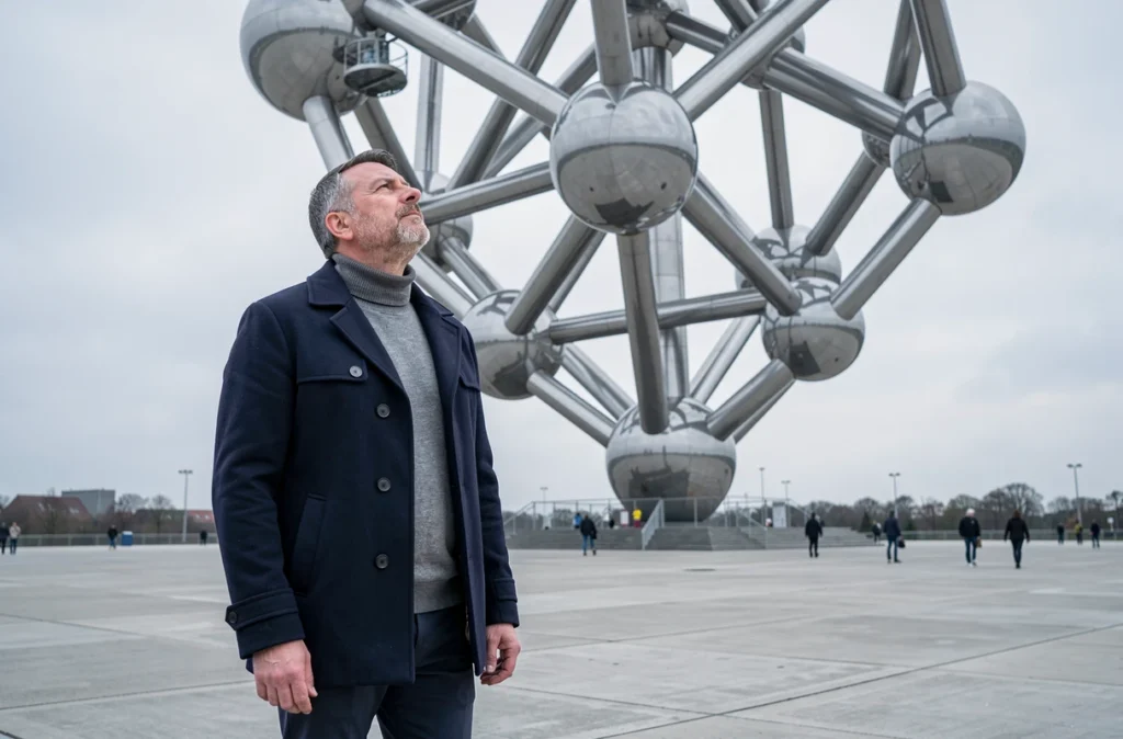 Homme en manteau marine contemplant l'Atomium de Bruxelles depuis l'esplanade sous un ciel nuageux