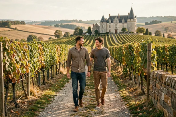 Couple romantique se promenant dans un vignoble bourguignon avec un château en arrière-plan, illustrant les hôtels romantiques de Bourgogne-Franche-Comté
