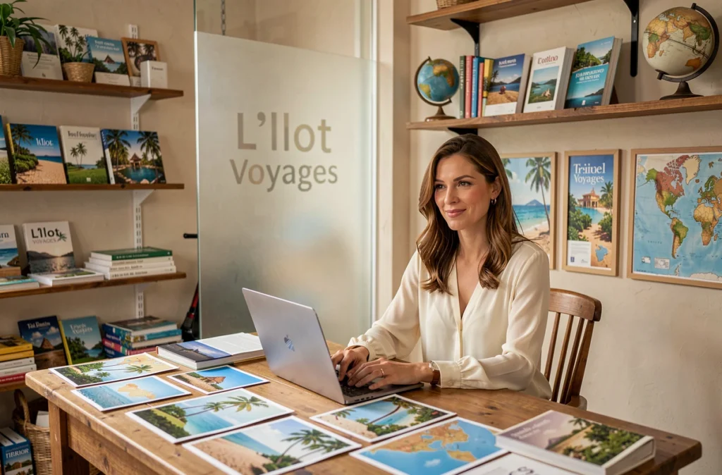 Intérieur chaleureux de la boutique L'Ilot Voyages avec une conseillère entourée de cartes et de guides de voyage