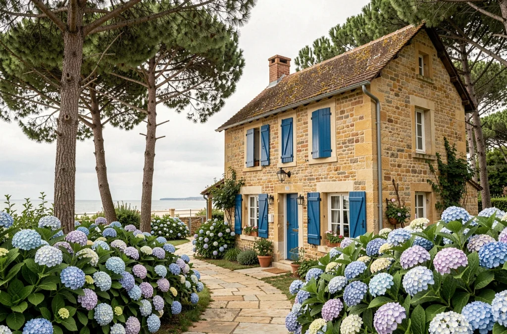 La Maroterie à Talmont-Saint-Hilaire, ferme en pierre restaurée avec volets bleus et hortensias dans un cadre côtier vendéen