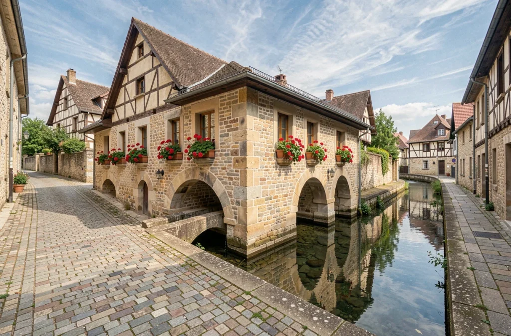 Ancien lavoir en pierre converti en chambre d'hôtes Le Lavoir d'Adèle à Fénétrange avec ruisseau, pavés et village médiéval mosellan