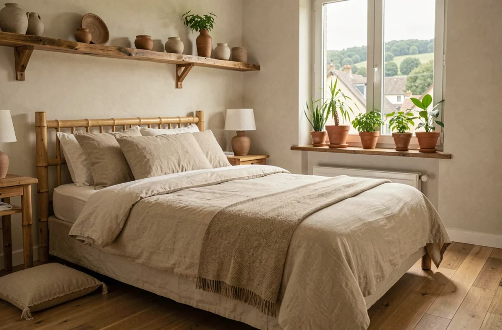 Chambre zen et naturelle du Prana à Rozérieulles avec literie en lin, plantes vertes et décoration inspirée du bien-être