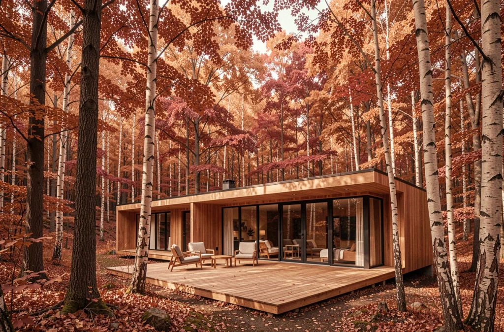 Les Arbres Rouges à Sucé-sur-Erdre, hébergement en bois contemporain intégré dans une forêt de chênes aux feuillages rouges et cuivrés en automne