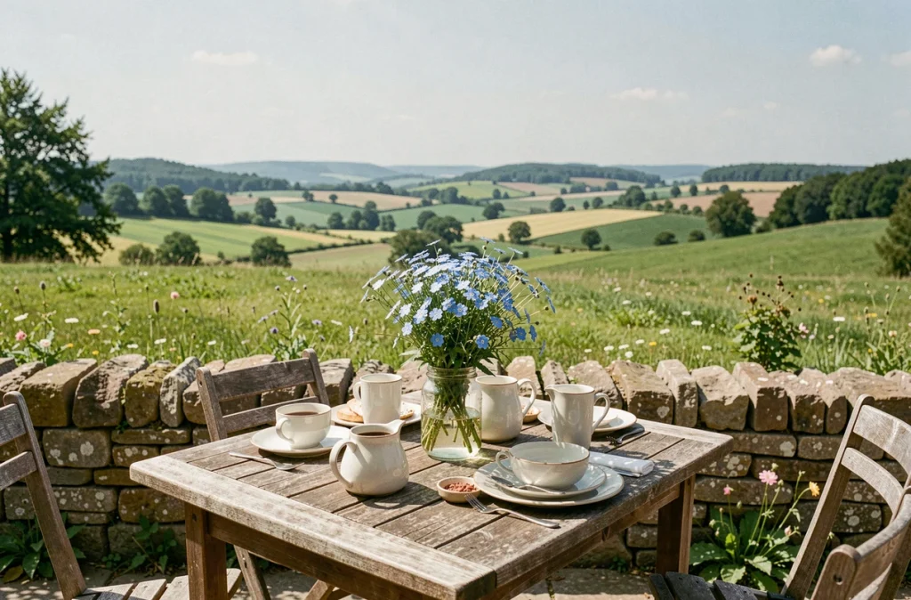 Terrasse petit-déjeuner des Myosotis à Zetting avec table en bois, vaisselle en céramique et vue sur la campagne mosellane