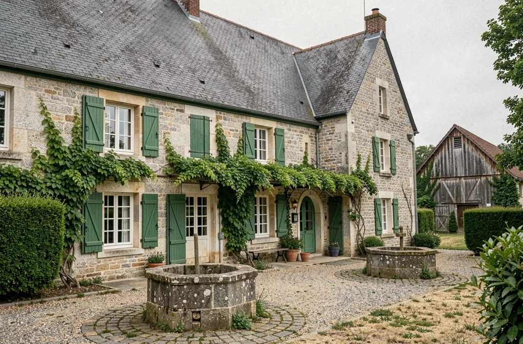 Logis du Petit Lay aux Herbiers, logis en granit avec toiture en ardoise et cour rustique dans le bocage vendéen