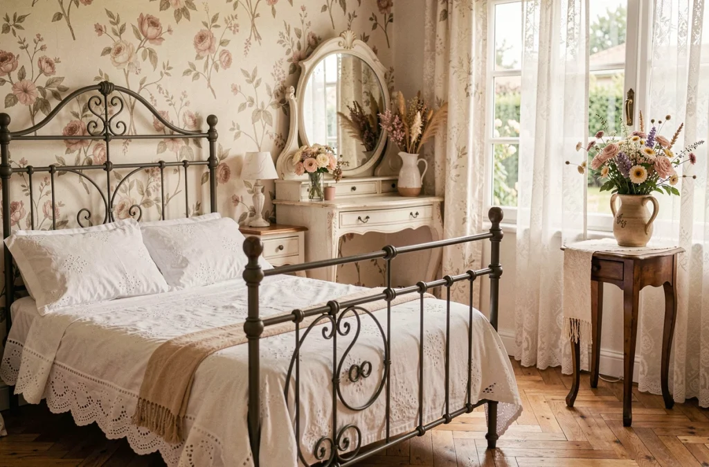 Chambre romantique de La Maison d'Angéline à Arry avec lit en fer forgé, linge brodé blanc et décoration florale vintage