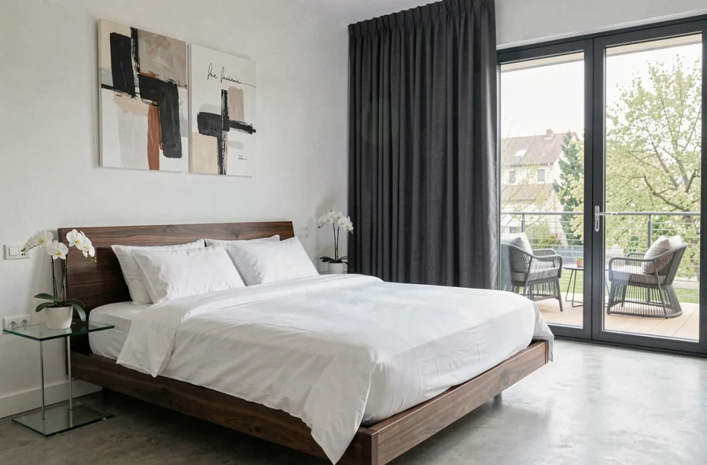 Chambre contemporaine et élégante de La Maison d'Hôtes à Amnéville avec literie blanche, tête de lit en noyer et terrasse privée