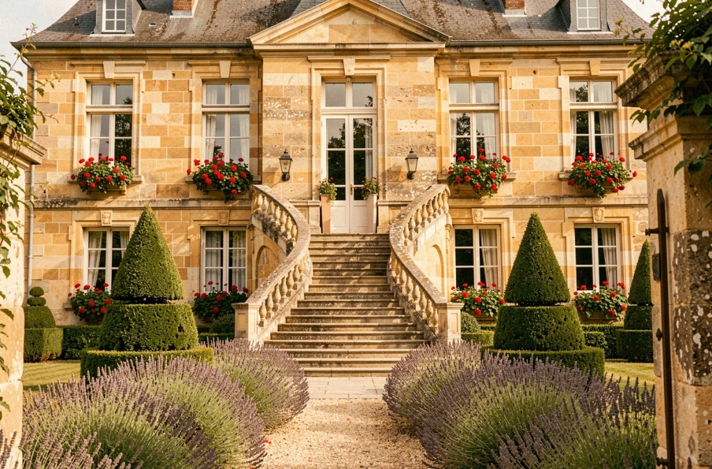 Maison d'hôtes La bien-Aimée à Montrevault, manoir du XVIIIe siècle en pierre avec double escalier, géraniums aux fenêtres et jardin de lavande