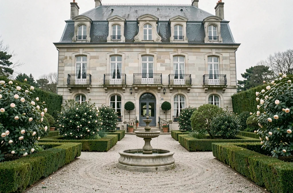 Manoir des Quatre Saisons à La Turballe, manoir en pierre avec balcons en fer forgé, fontaine centrale et jardin clos de camélias