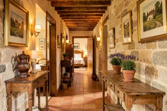 Couloir décoré d'une chambre d'hôtes de caractère en Moselle avec murs en pierre, poutres apparentes et mobilier rustique