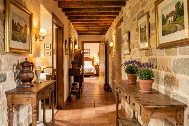 Couloir décoré d'une chambre d'hôtes de caractère en Moselle avec murs en pierre, poutres apparentes et mobilier rustique
