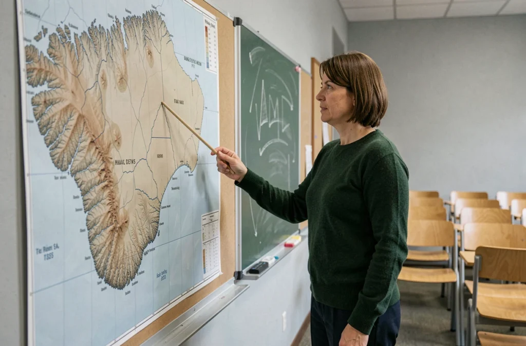 Professeure de géographie désignant une carte murale politique et physique du Groenland dans une salle de classe universitaire