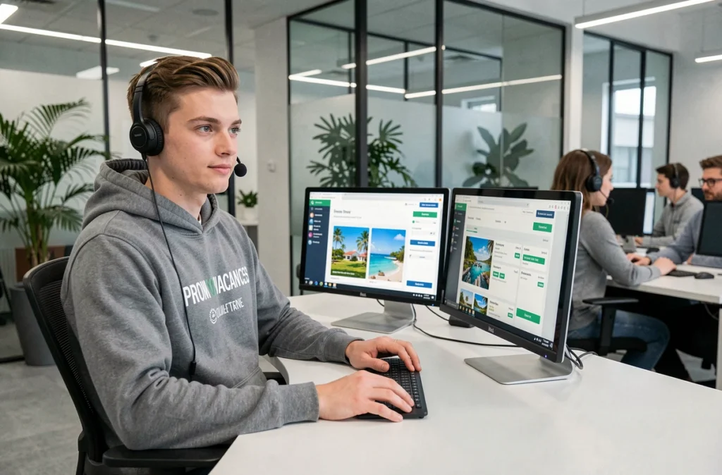 Agent Promovacances en centre d'appels moderne gérant des réservations de voyages sur double écran