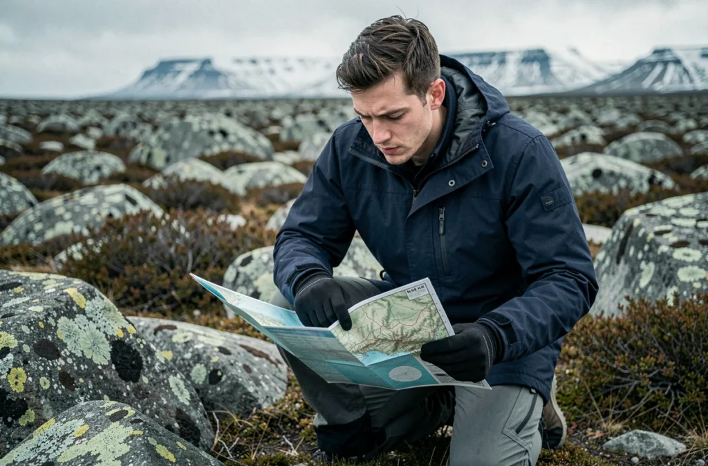 Jeune homme en parka consultant une carte topographique du Groenland à genoux sur la toundra arctique rocheuse