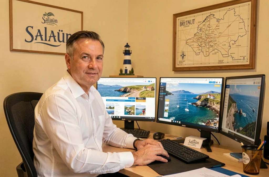 Conseiller Salaün Holidays dans une agence avec décor marin présentant des offres de voyages côtiers