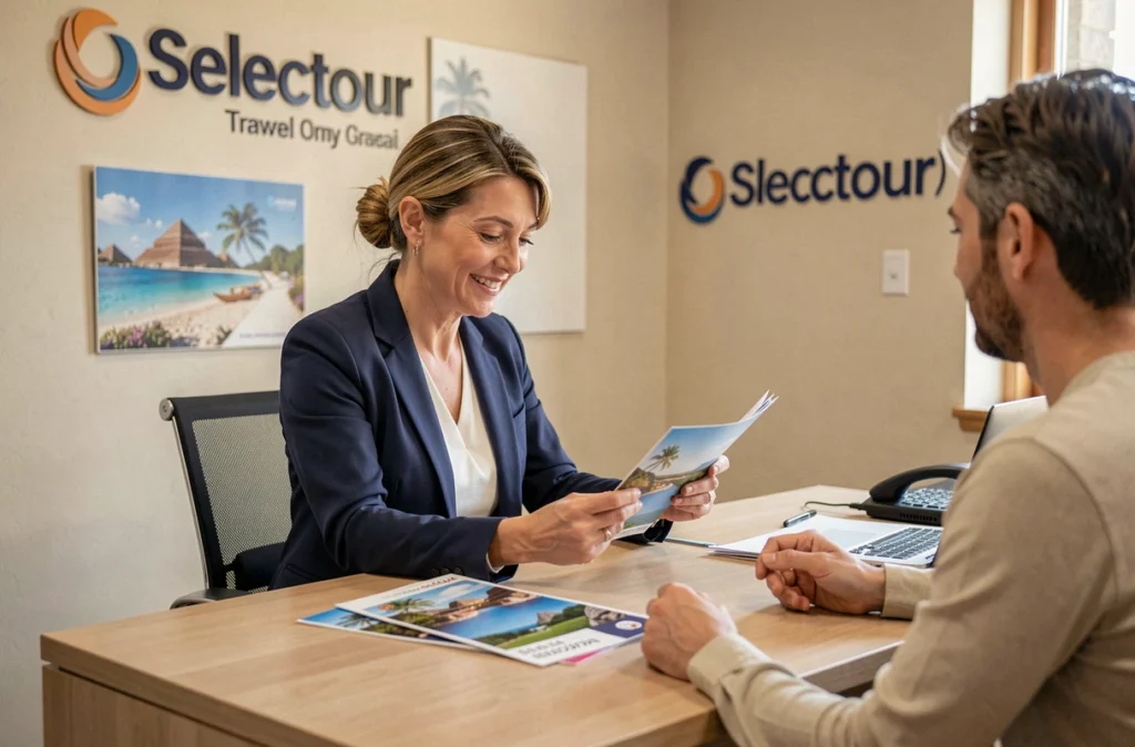 Conseillère en voyage Selectour aidant un couple à planifier leurs vacances dans une agence moderne