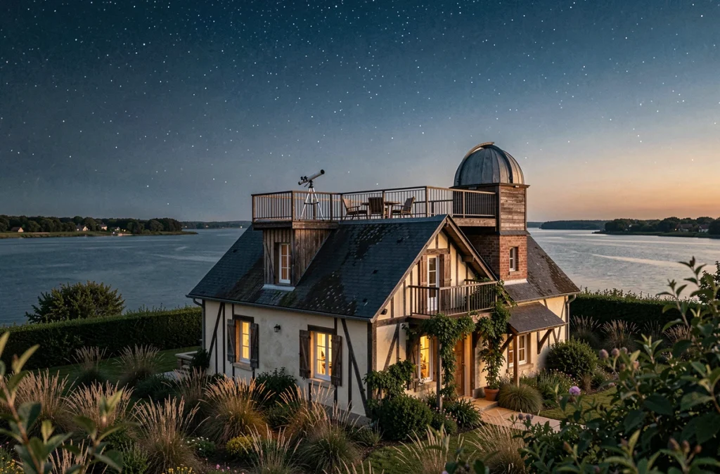 Sous les étoiles de Paimbœuf, maison à colombages avec terrasse panoramique et observatoire sous un ciel étoilé au bord de l'estuaire de la Loire