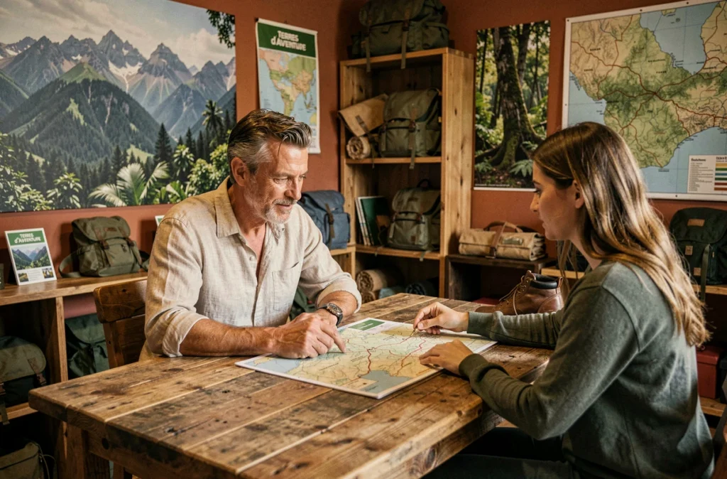 Conseiller Terres d'Aventure et cliente étudiant un itinéraire de trekking dans une agence au décor aventurier