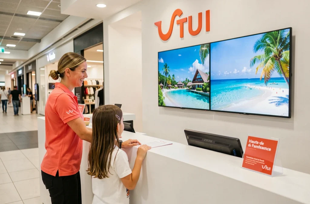 Conseillère TUI en polo rouge accueillant une famille dans une agence moderne avec écrans de destinations