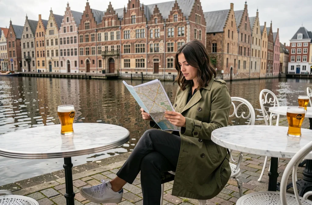 Voyageuse solitaire consultant une carte papier en terrasse de café face aux quais historiques de Gand