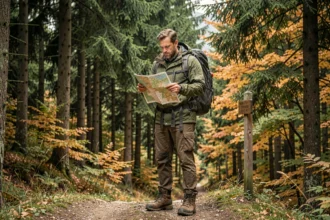 Randonneur consultant une carte topographique à l'entrée d'un sentier forestier dans le Jura suisse près du lac Léman