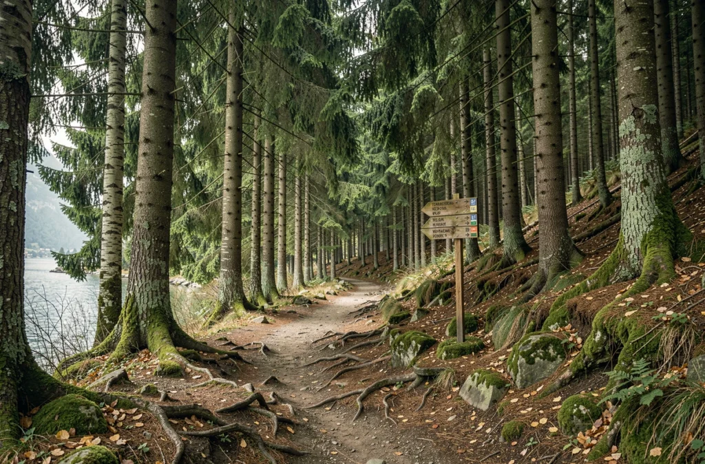 Sentier forestier étroit avec panneau de randonnée en bois dans une forêt de sapins et hêtres du Jura vaudois